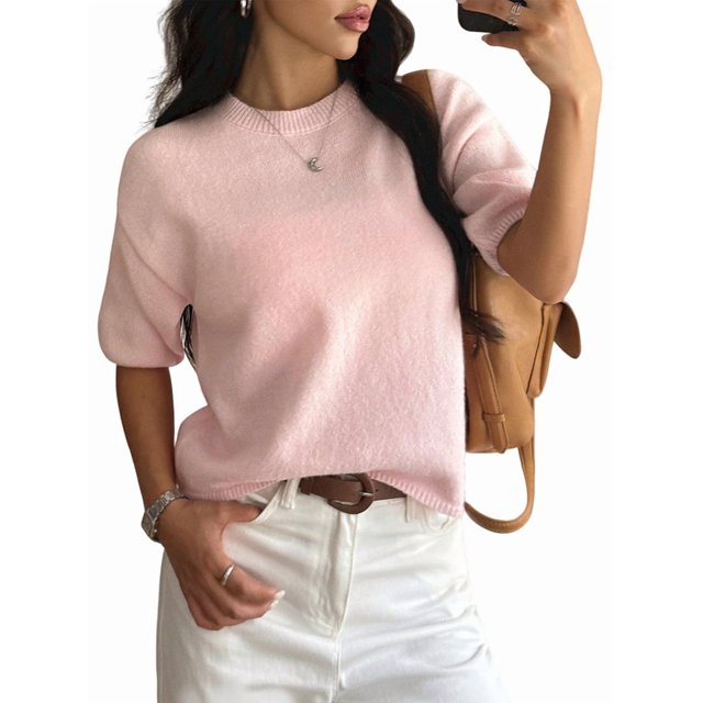 Suéteres de Verano para Mujer, de Corta, Cuello Redondo, Ligeros, Holgados, Elegantes, Informales, Tipo Blusa Rosa L