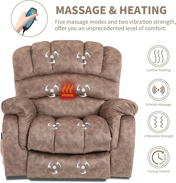 EPICOZY Large Power Lift Recliner Chair for Elderly Big Tall Man, Overstuffed Heated Massage Wide Electric Recliners with Extended Footrest, 2 Remote Controls, Side Packets & USB Ports, Fabric Brown