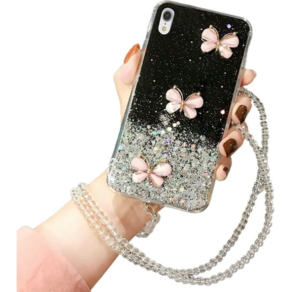 For Apple iPhone XR Black Smart Shockproof Glitter Crystal butterfly Wrist Strap Cover Case