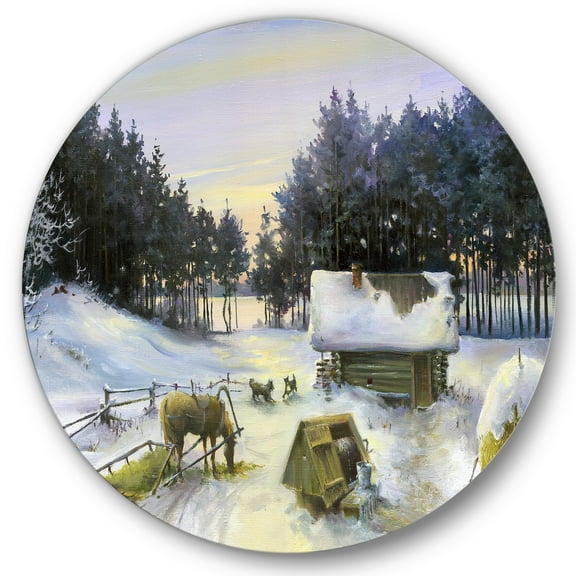 Designart 'Cottage Covered In Snow With Winterscene' Country Circle Metal Wall Art 36x36 - Disc of 36