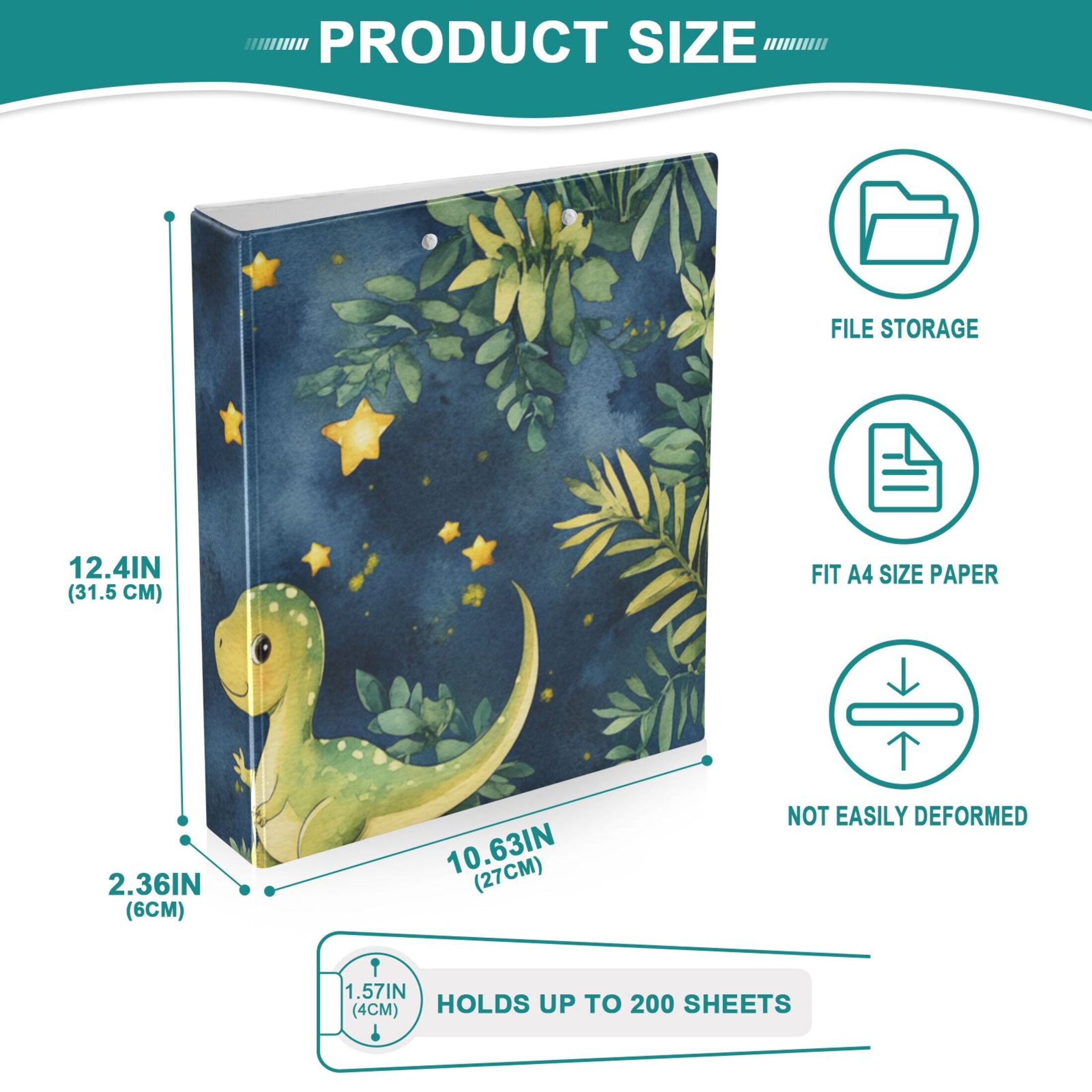Dinosaur Stars Leaves 3 Ring Binders 1.5 inch Hardcover File Folders with Interior Pockets A4 Size Organizer for School Office Hospital
