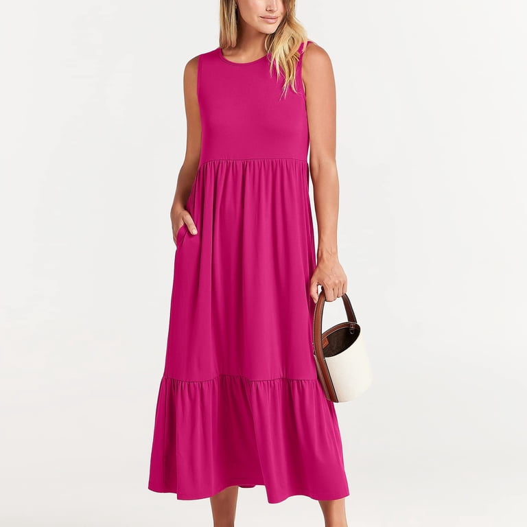 YuXingFu Cute Dresses for Women Summer Maxi Maxi Crew Neck Plus Size Womens Dress Sleeveless Solid Color Long Casual Summer Hot Pink XXL