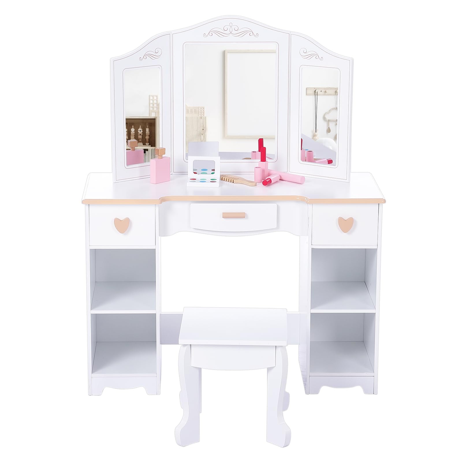 TROPOW Kids Vanity with Mirrors and Stool, Pretend Play Vanity Table Set, Princess Makeup Desk, Toddler Vanity Dressing Table with Storage Drawers and Open Shelves for Girls 3+, White