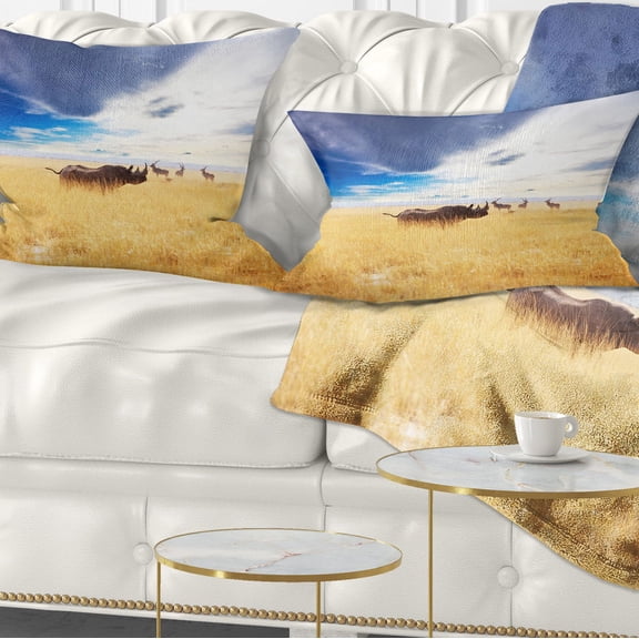 Designart Huge Rhino with Antelopes - Seashore Throw Pillow - 12x20