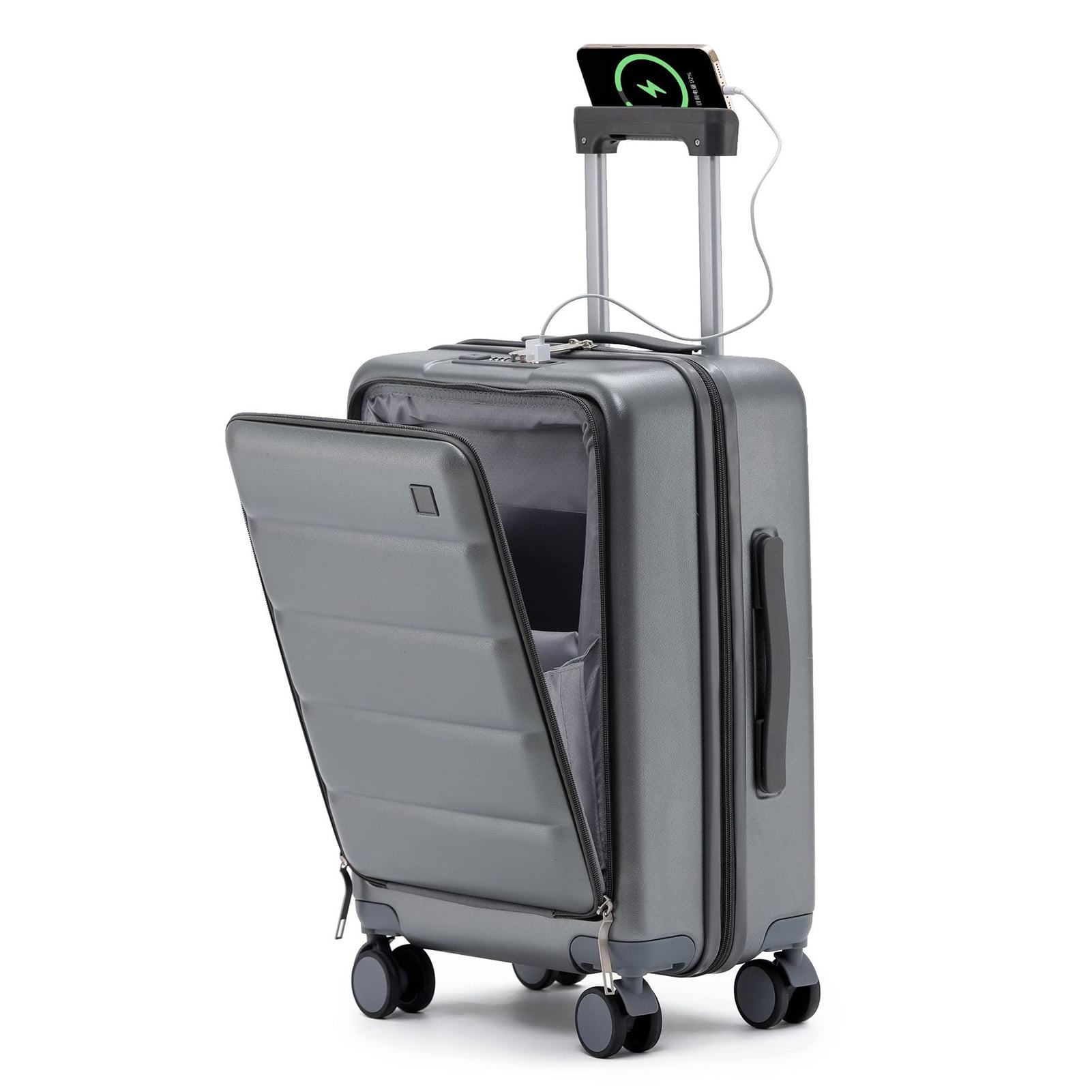 20 Inch Carry-On Luggage with Front Laptop Pocket, USB Charger Port & Cup Holder, 360 Degrees Spinner Wheels, Side Hook, Phone Stand , TSA Lock, Airline Approved Hard Shell Suitcase