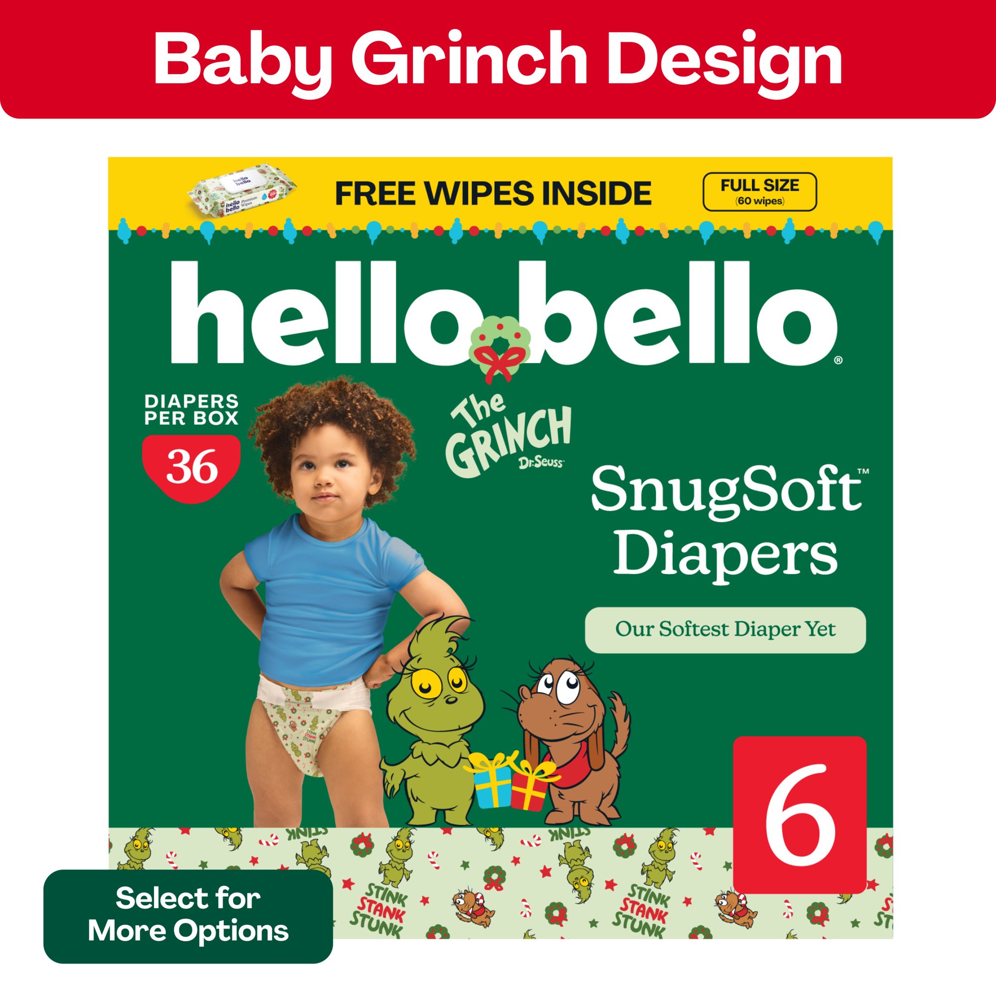Hello Bello Premium Baby Grinch Diapers Club Box with Bonus Wipes - Size 6, 36 Count
