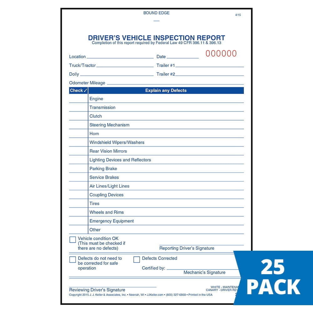 Simplified Driver Vehicle Inspection Report 25-pk. - Book Format, 2-Ply Carbonless, 5.5"x8.125", 31 Sets of Forms Per DVIR Book