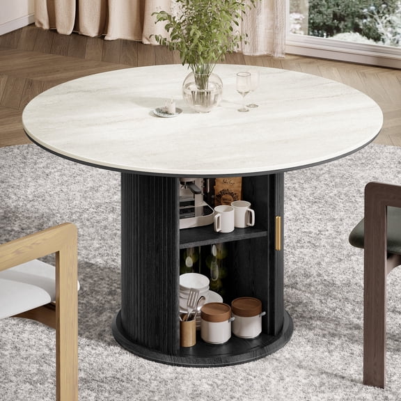 BEDEEP 43" Round Dining Table for 2-4 with Storage, Large Travertine Dining Table with Sintered Stone Top, Modern Pedestal Fluted Kitchen Table, BLack