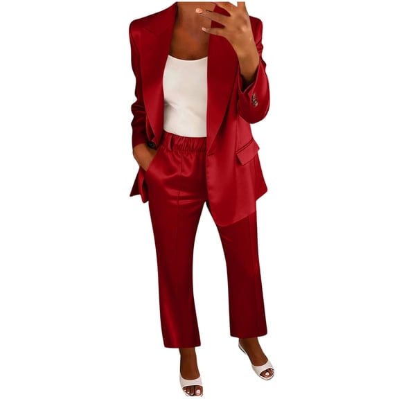 Two Piece Sets for Women,Womens Satin Suit Slim Fit Dressy Business Casual Outfits Office Work Blazer Pants Set