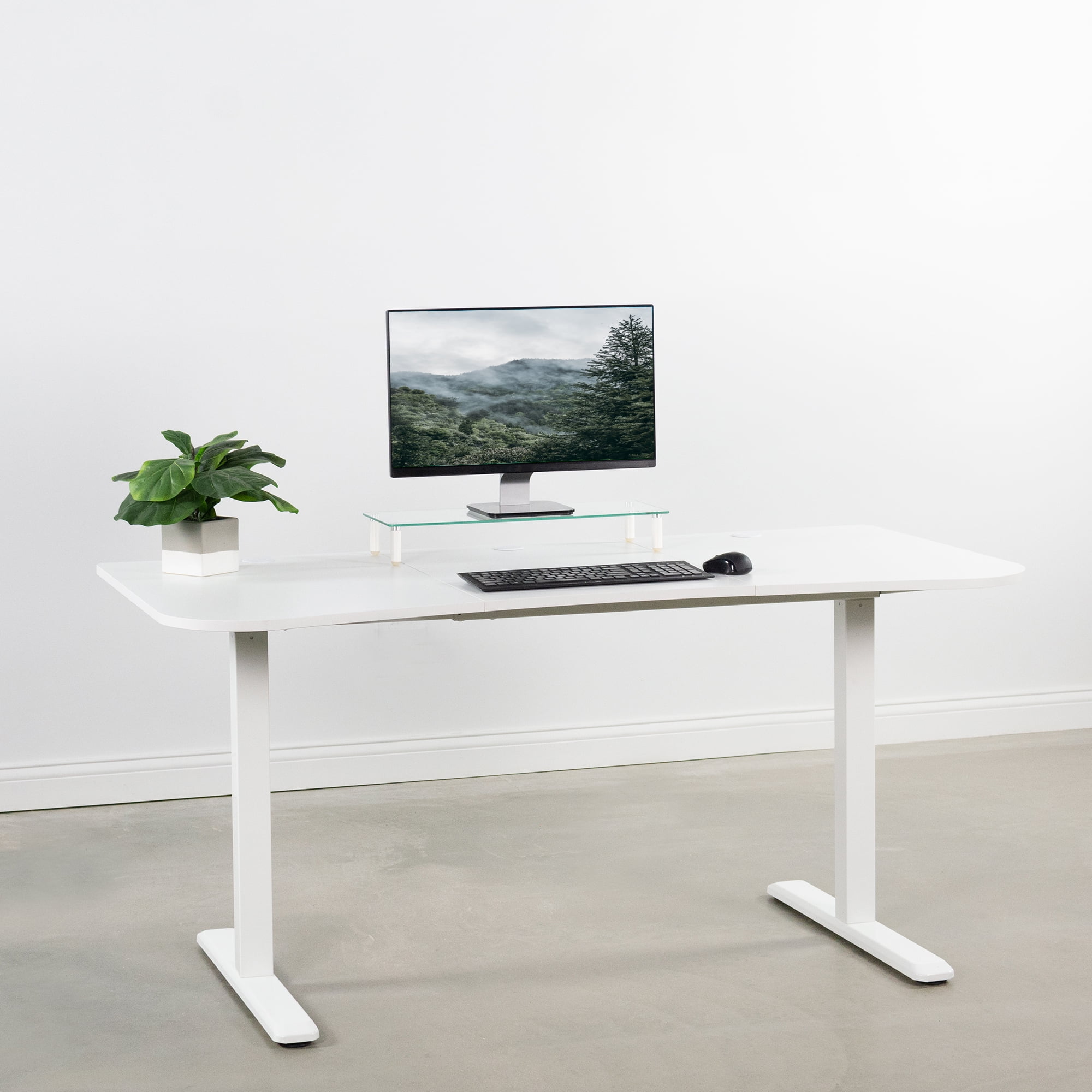 VIVO White Height Adjustable Stand Up Desk Frame Crank System Workstation with 3 Section Table 