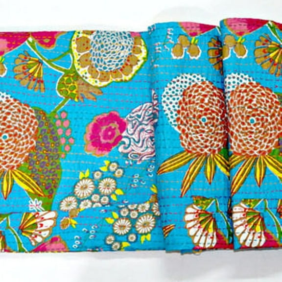 Hippie Beautiful Turquoise Fruit print Kantha Blanket Traditional Indian Hand Stitched Tropical Fruit Print Queen Bedspread Throw