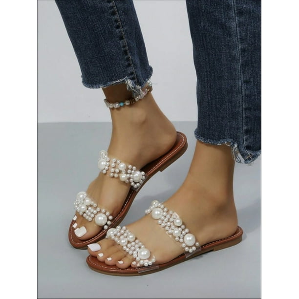 Ladies Flat Sandals With Clear Strap And Imitation Pearl Decor Walmart en linea