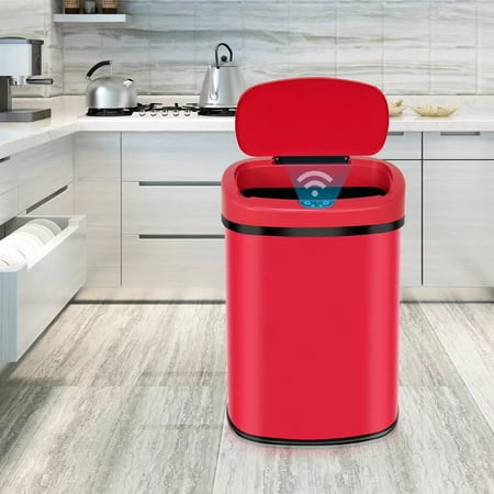 Automatic Sensor 13 Gallon Trash Can Touch Free Trash Can No Touch Garbage Can Kitchen Waste Bin Bathroom Trash Can with Lid for Home Bedroom Office Power by Battery Red