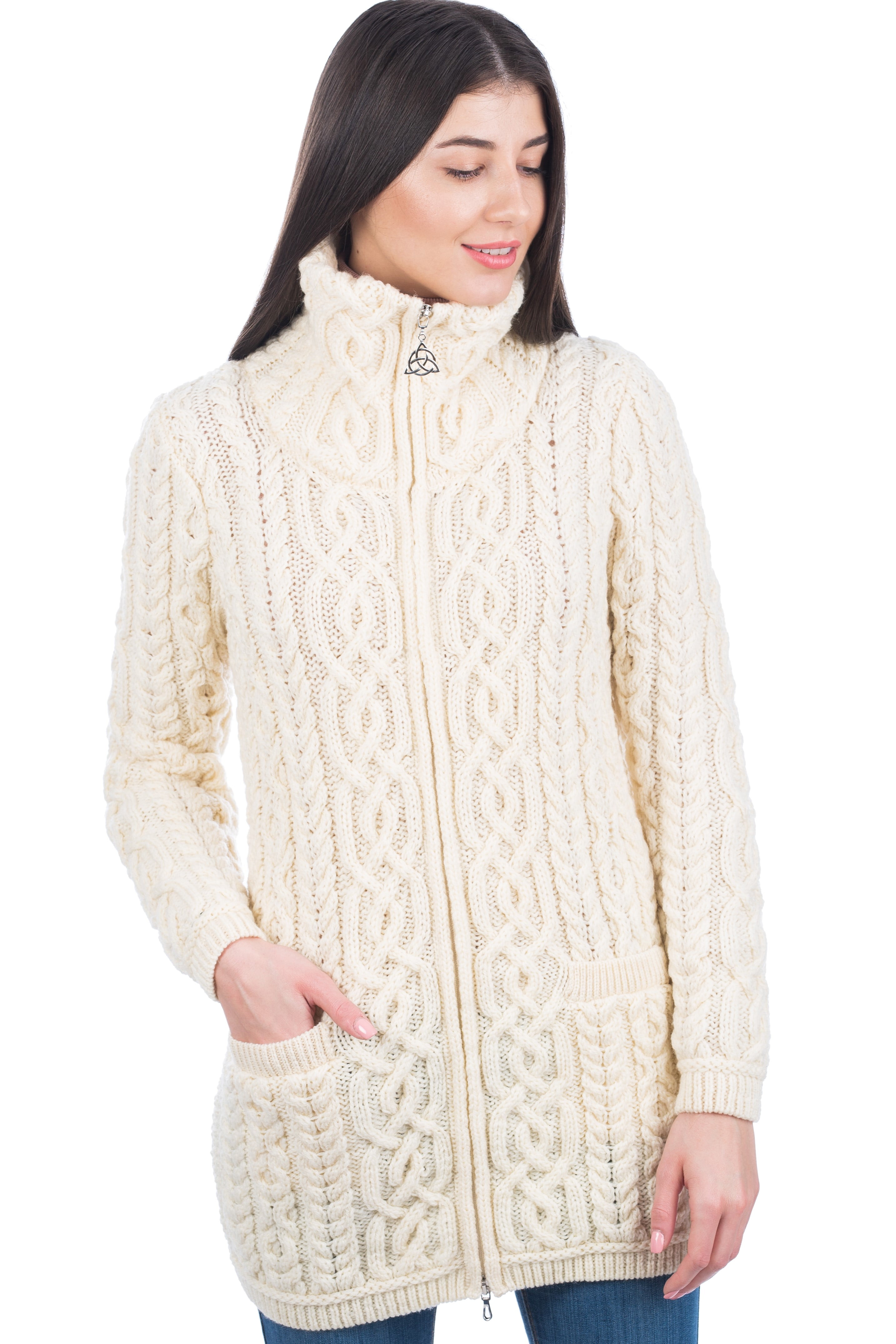 SAOL 100% Merino Wool Women's Aran Zip Cardigan Sweater Irish Cable ...