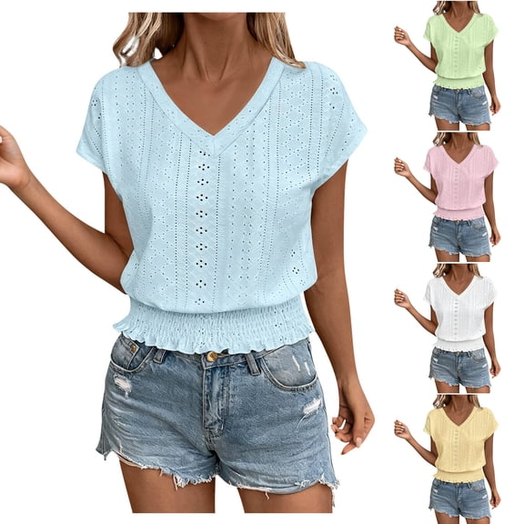 AnuYalue Eyelet Tops for Women Summer V Neck Short Sleeve Shirts Fashion Smocked Waist Crop Tops Casual Plain T Shirts