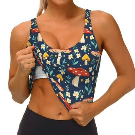 Qokaie Colorful Mushrooms Pattern Womens Scoop Neck Sports Bra Breathable Workout Vest Padded U Back Medium Impact Fitness Gym Yoga Bra Workout Crop Top