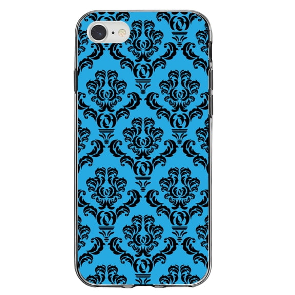 DistinctInk Clear Shockproof Hybrid Case for iPhone 7 8 SE (2020 Model) 4.7" Screen TPU Bumper Acrylic Back Tempered Glass Screen Protector - Blue Black Damask Pattern - Floral Damask Pattern