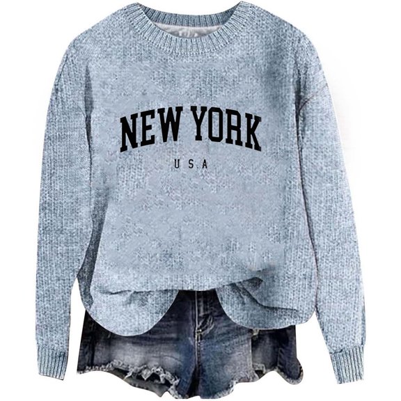 Women's Sweater New York Letter Print Long Sleeve Crew Neck Knitted Fall Clothes Outfits