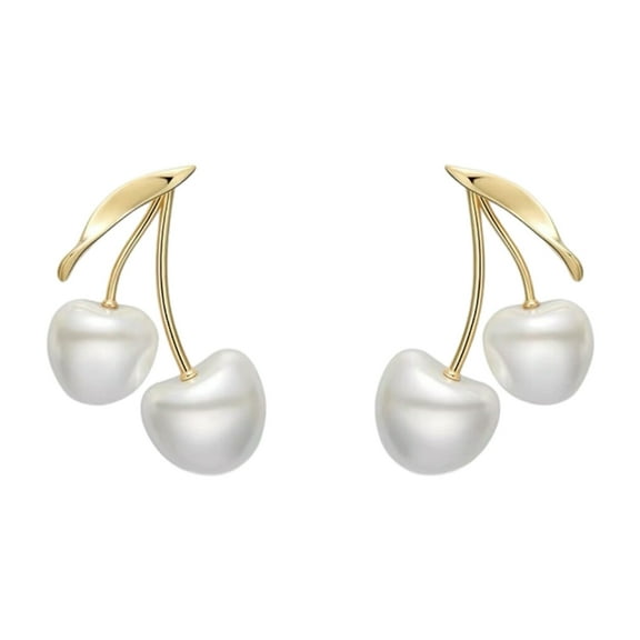 Cream Tone Cherries Pearls Earrings Unique Design Lightweight Women Studs Jewelry