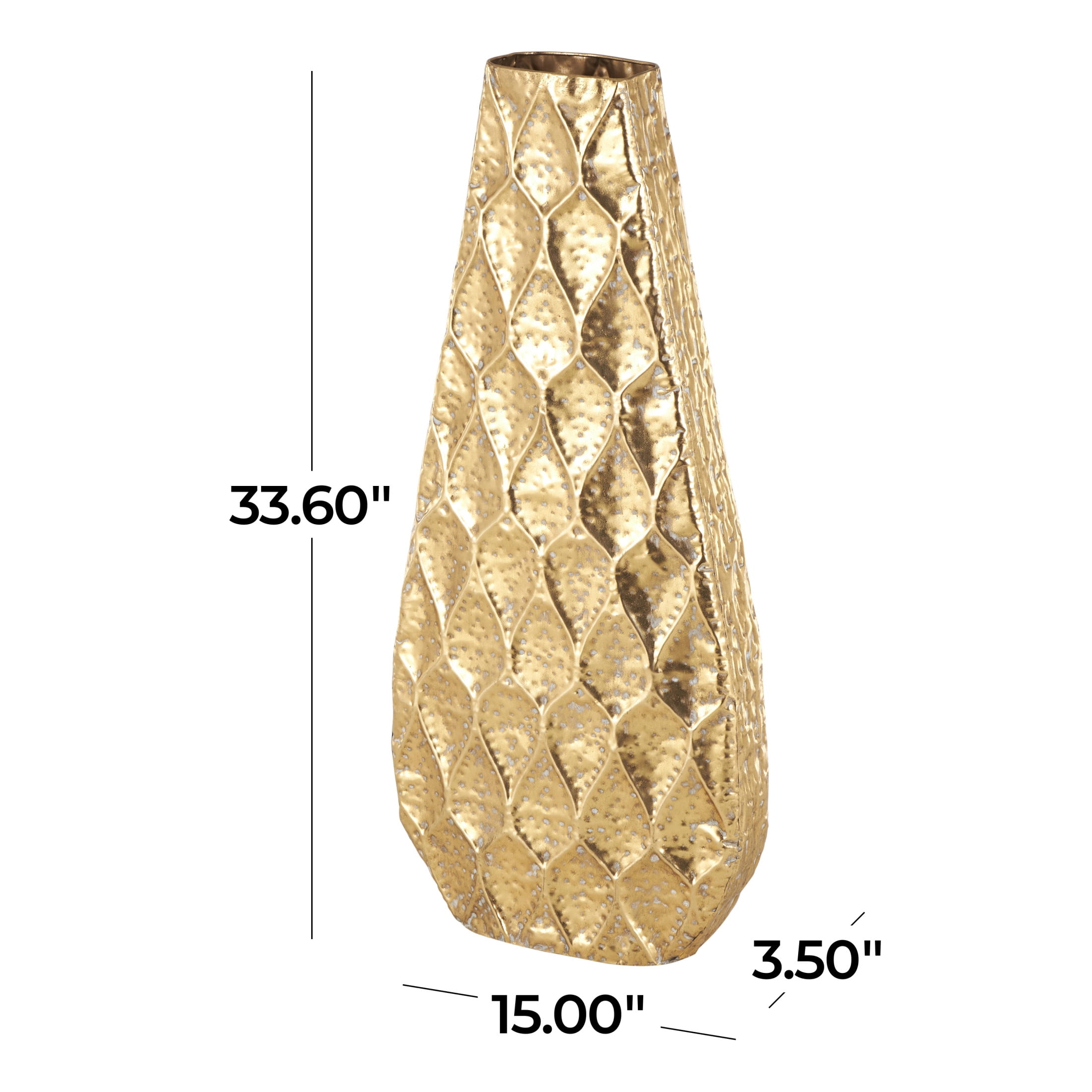 DecMode 34" Textured Concaved Teardrop Gold Metal Vase with Peacock Inspired Design