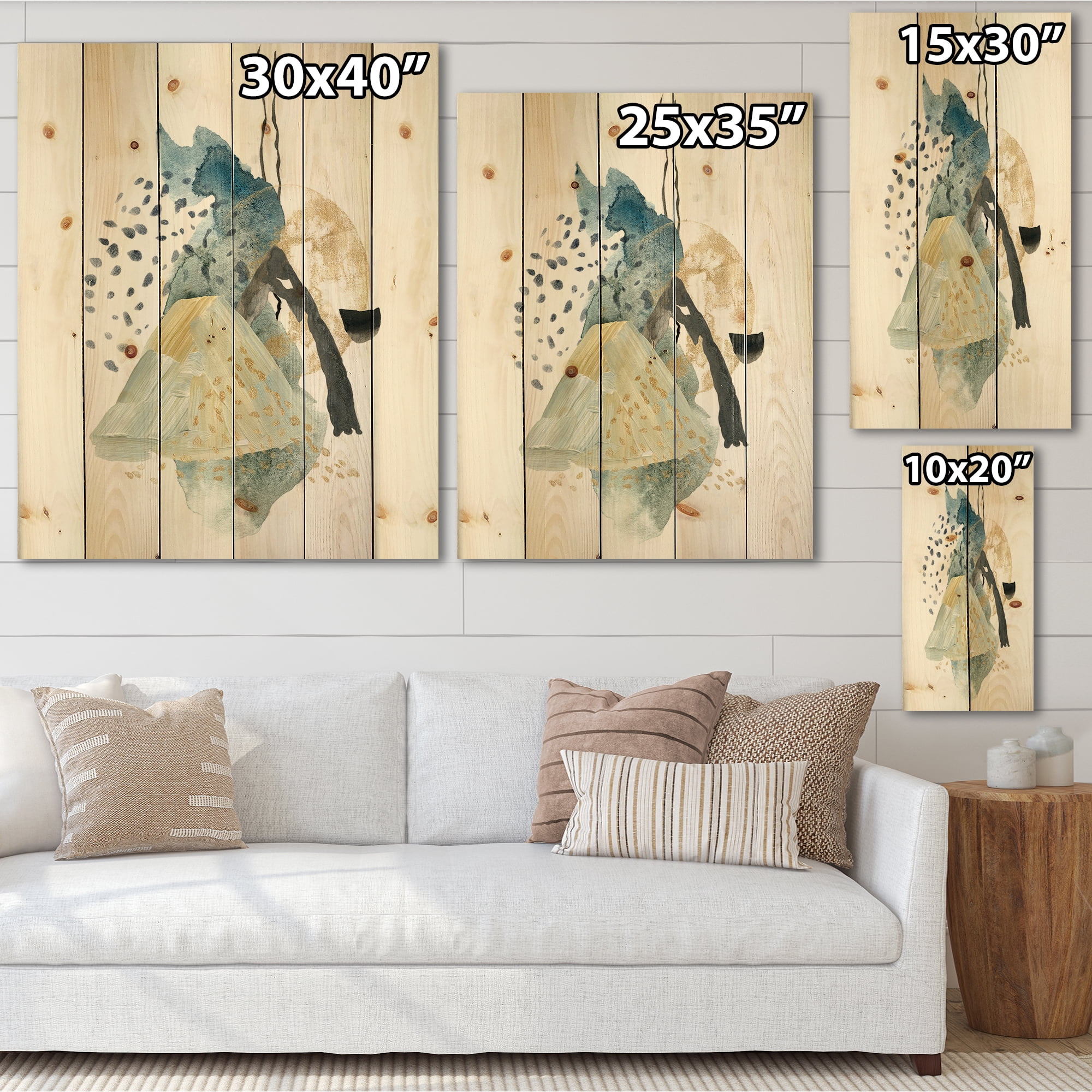 Designart 'Mountain Moon With Gouache Of Abstract Landscape' Modern Print on Natural Pine Wood