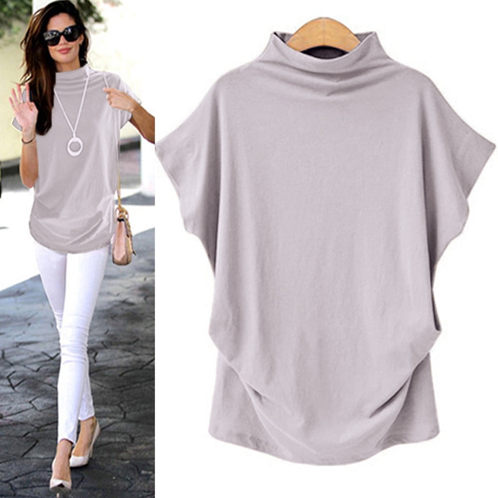 Women Shirts Turtleneck Short Sleeve Cotton Blouse T Shirt Casual Loose Tunic Tops