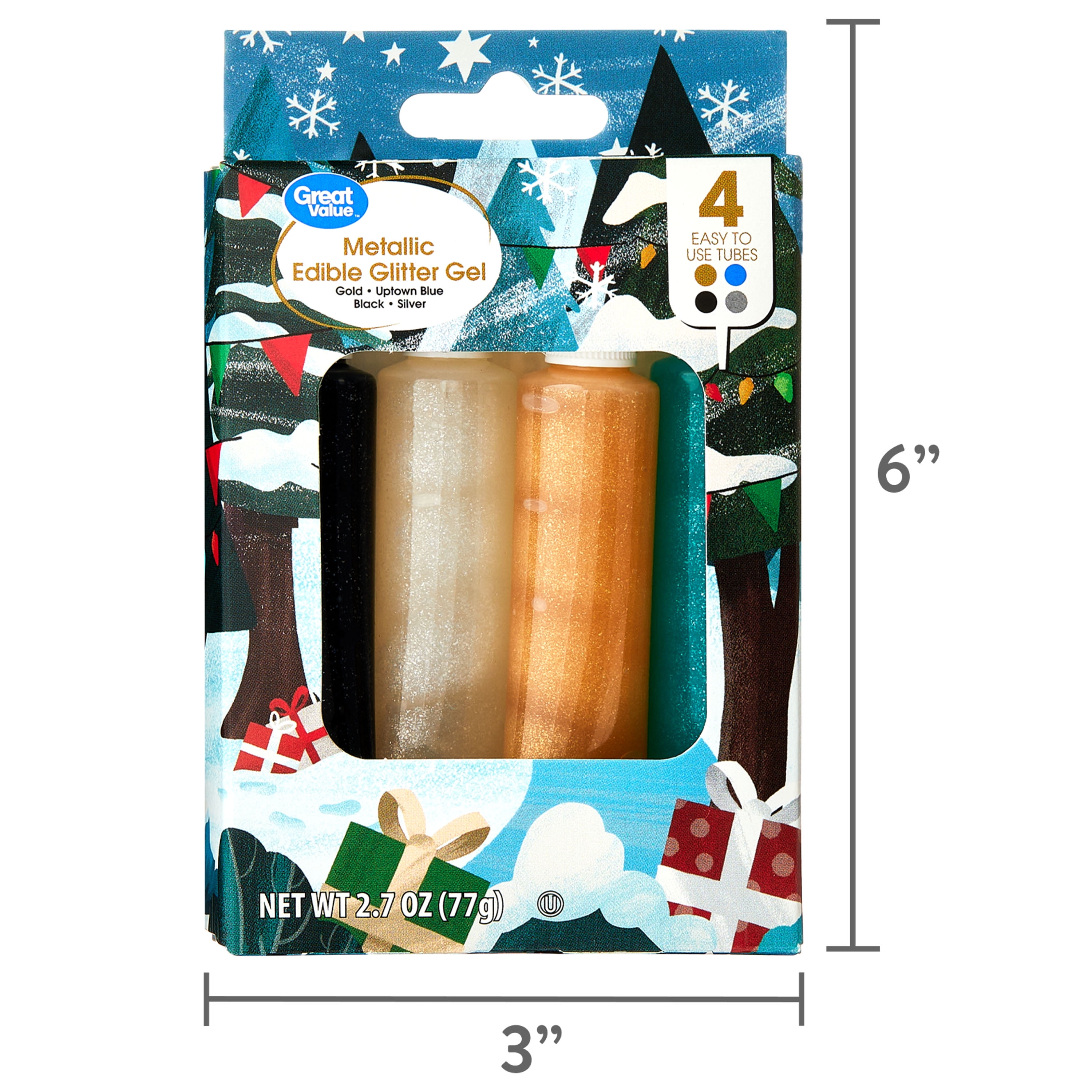 Great Value Holiday Metallic Edible Glitter Gel, 2.7 oz, 4 Count