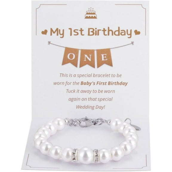First Birthday Pearl Bracelet Gift for 1 Year Old Daughter Granddaughter Niece, Happy 1st Birthday Jewelry, Wonderful 1st Birthday White Pearl Adjustable Bracelet Gift for Age One