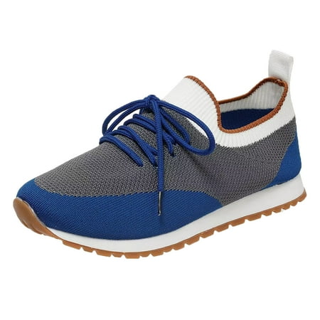 ZIZOCWA Ladies Fashion Womens Walking Shoes 2024 Color Blocking Breathable Knitted Lace Up Flat Bottomed Sports Shoes Running Shoes Women Blue Size38