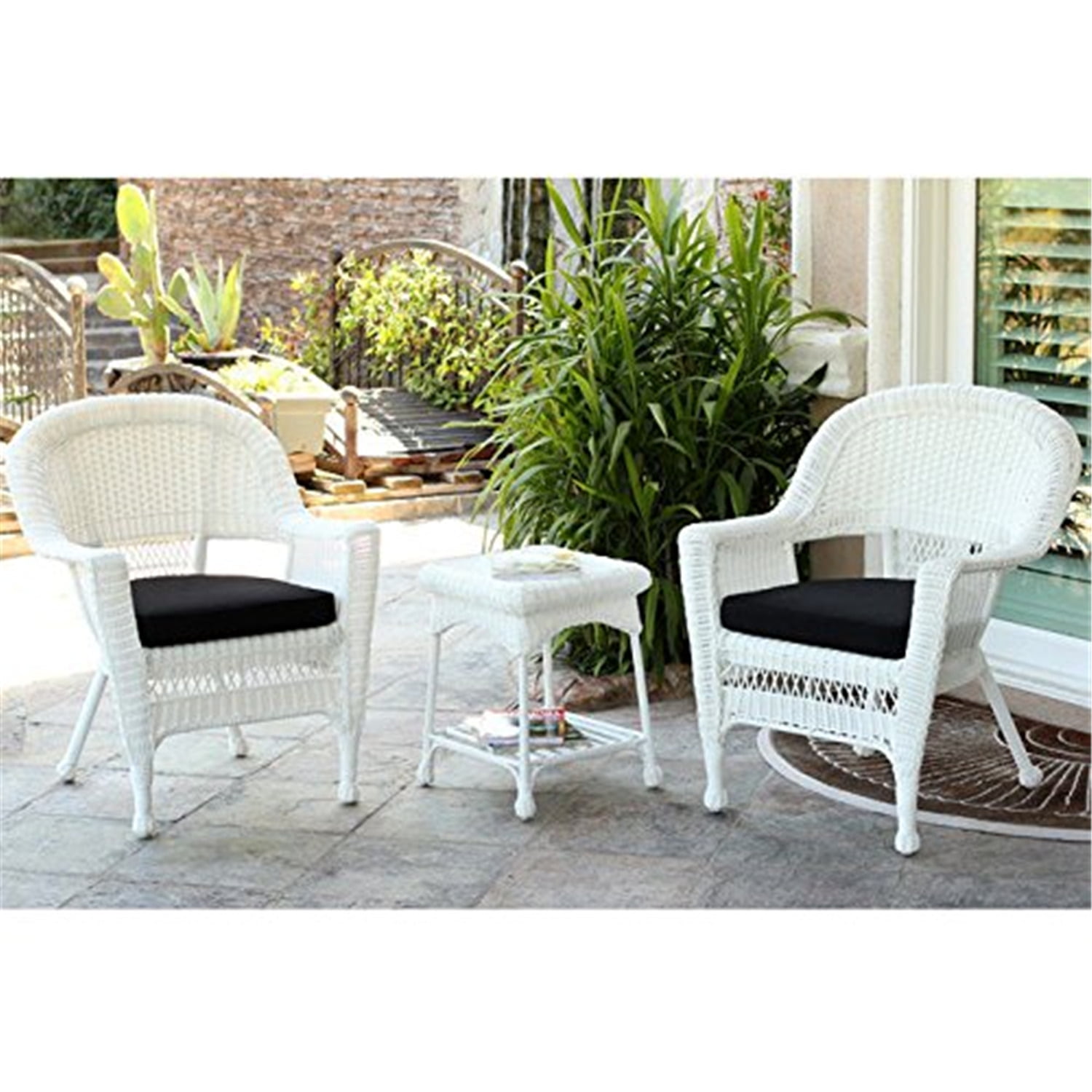 Table & White Cushion 3pcs Outdoor Garden Rattan Patio Furniture Set w/2 Chairs 