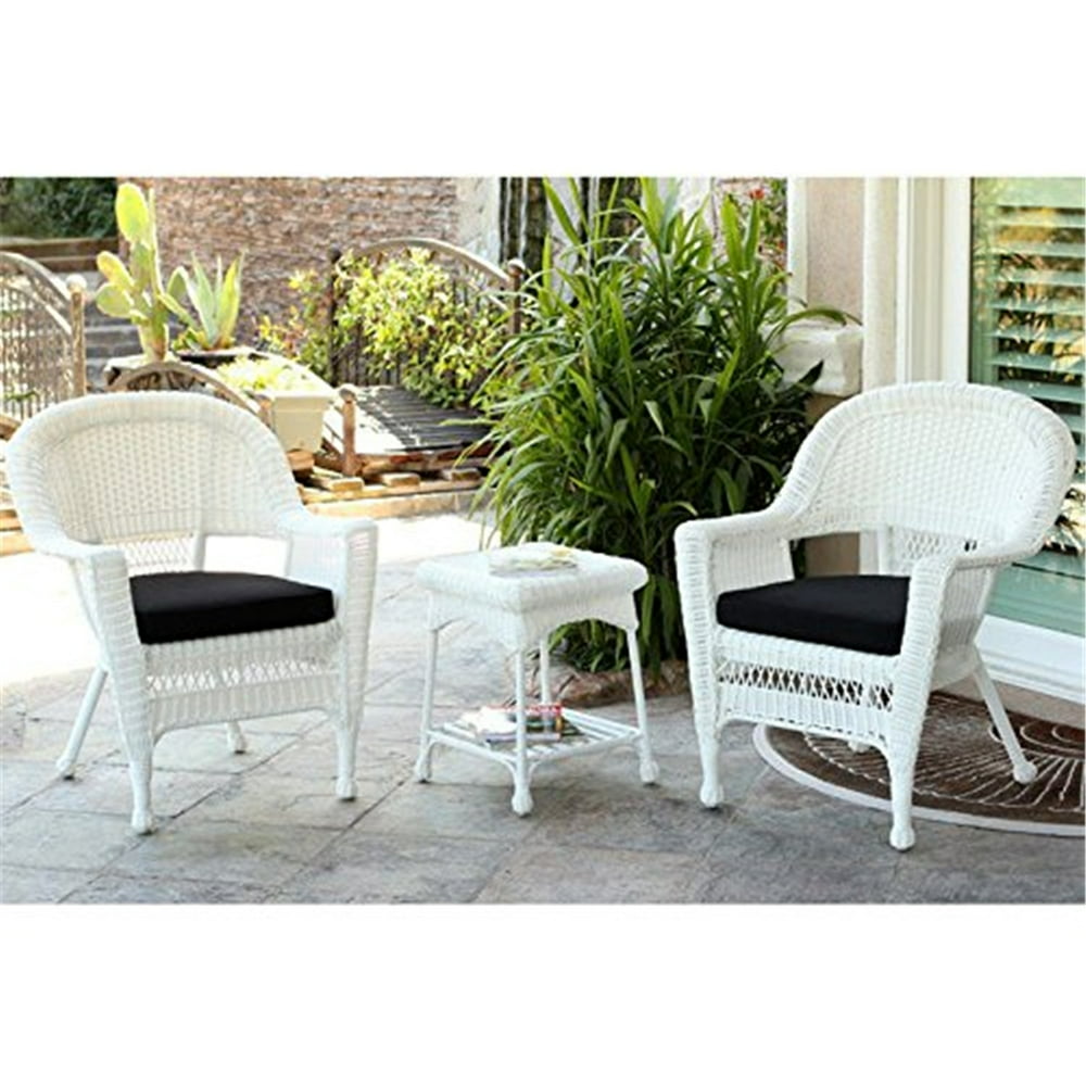 3pc White Wicker Chair and End Table Set with Black Chair Cushion