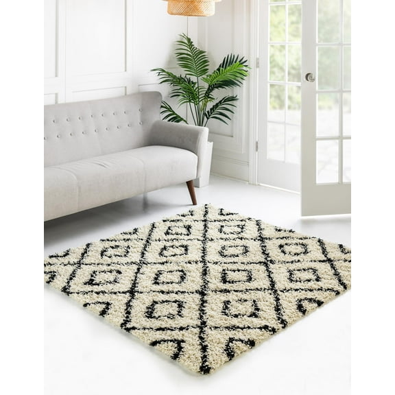 Unique Loom Trellis Shag Collection Area Rug - Ruth (10' Square White and Black/Ivory)