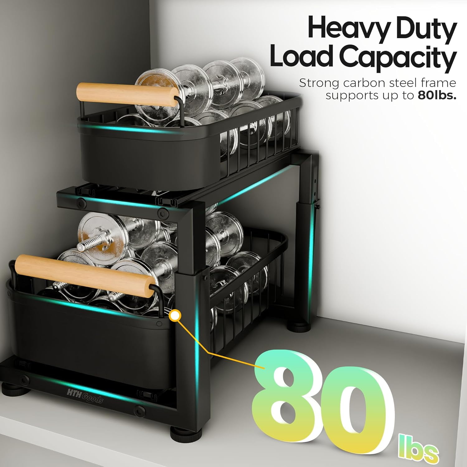 Premium Heavy Duty Carbon Steel Under Sink Organizer, Large 2 Tier Pull Out Cabinet Organizer with 7 Adjustable Heights and Smooth Ball Bearing Sliding Baskets for Bathroom & Kitchen Storage