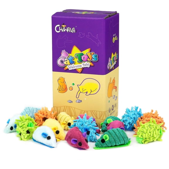 CHIWAVA 27PCS 2" Striped Shaggy Cat Toy Mice with Rattle Assorted Small Mouse Interactive Play for Indoor Cats Mix Color
