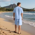 thumbnail image 5 of Men's Linen Cotton Short Sleeve Shirt and Drawstring Shorts Set Solid Color Casual Flip Collar Beach Vacation Travel Loungewear Outfits Modern Fashion Essential | AESTIVO,Light Blue 2XL, 5 of 8