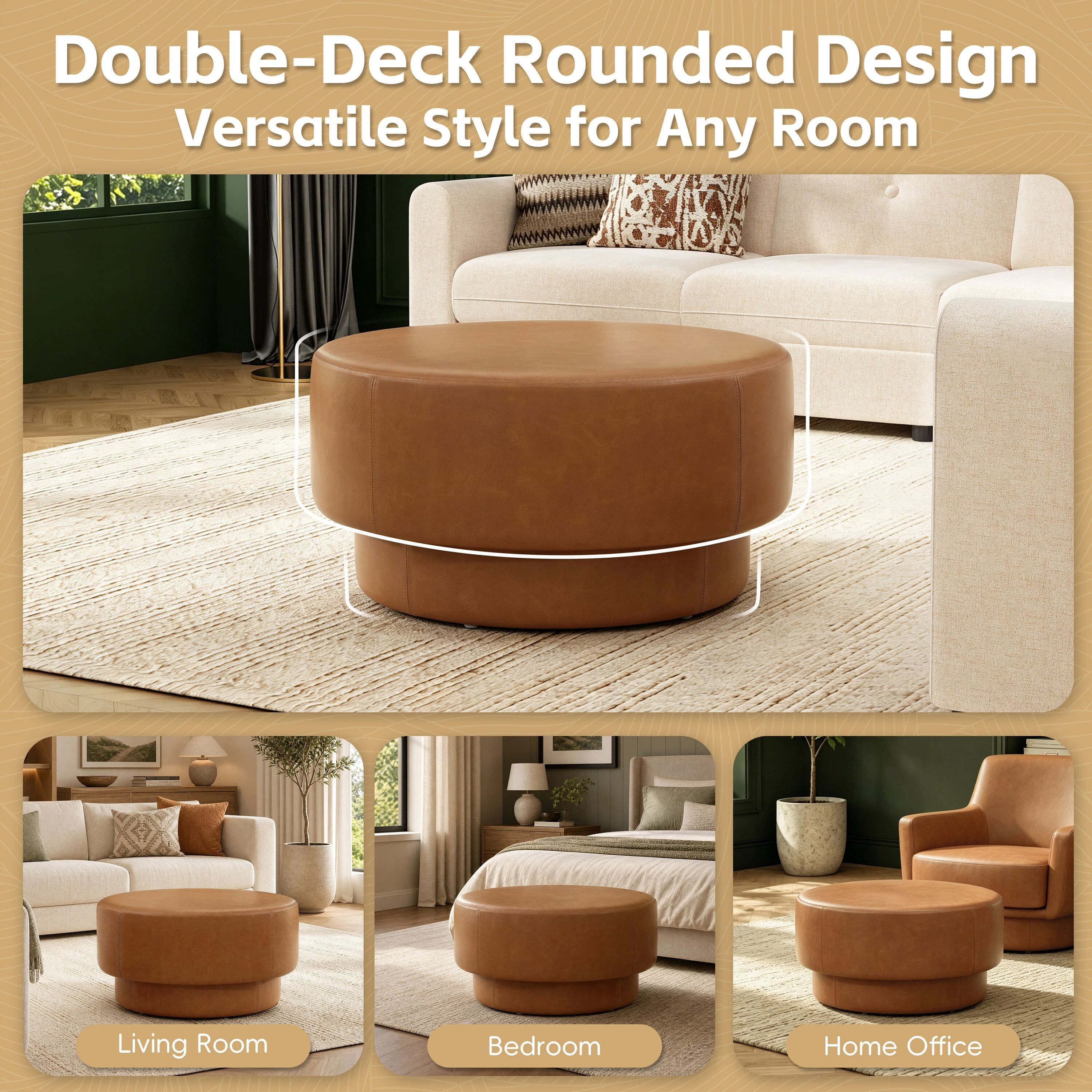 Euroco 33" Round Ottoman Coffee Table, Modern Faux Leather Upholstered Footrest for Living Room,Brown