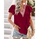 thumbnail image 5 of Camisa de manga corta para mujer, cuello en V profundo, empalme de encaje con volantes, Color puro, informal, suelta, Top de manga corta para mujer para verano, rojo vino M, 5 of 8