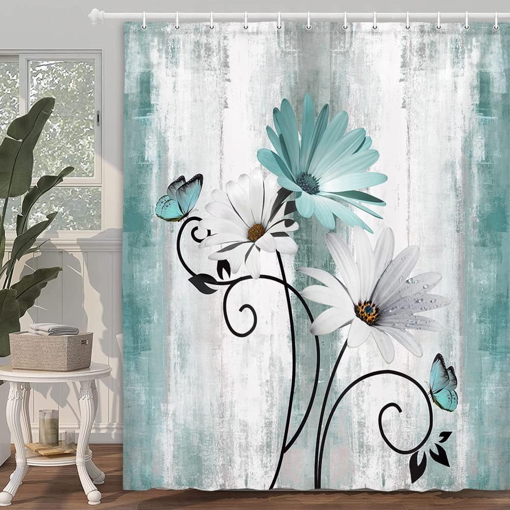 Rustic Farmhouse Shower Curtain, Farm Teal Daisy Floral Flowers and Butterfly on Country Wooden Shower Curtain for Bathroom, Turquoise Blue with 12PCS Hooks, 72X72IN