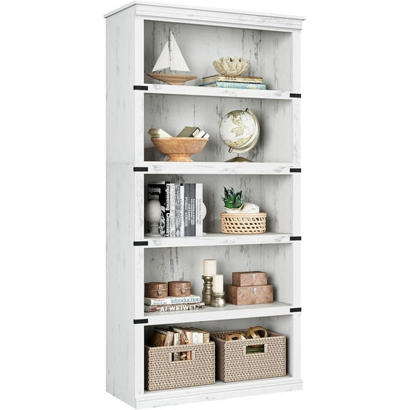 71-Inch Tall 5-Tier Farmhouse Bookcase, Open Display Wooden Bookshelf for Home Office and Living Room Storage (White)