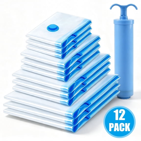 GARITIN Vacuum Storage Bags, 12 Pack Space Saver Bags for Clothes with Hand Pump, 4 Sizes Small Medium Large Jumbo for Clothing, Bedding, Pillows