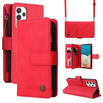 Mantto Galaxy A23 5G Cover, Wallet Card Slot Crossbody/Shoulder Strap Wristlet Strap Magnetic Flip Premium PU Leather Zipper Pocket With Kickstand For Samsung Galaxy A23 5G,
Red