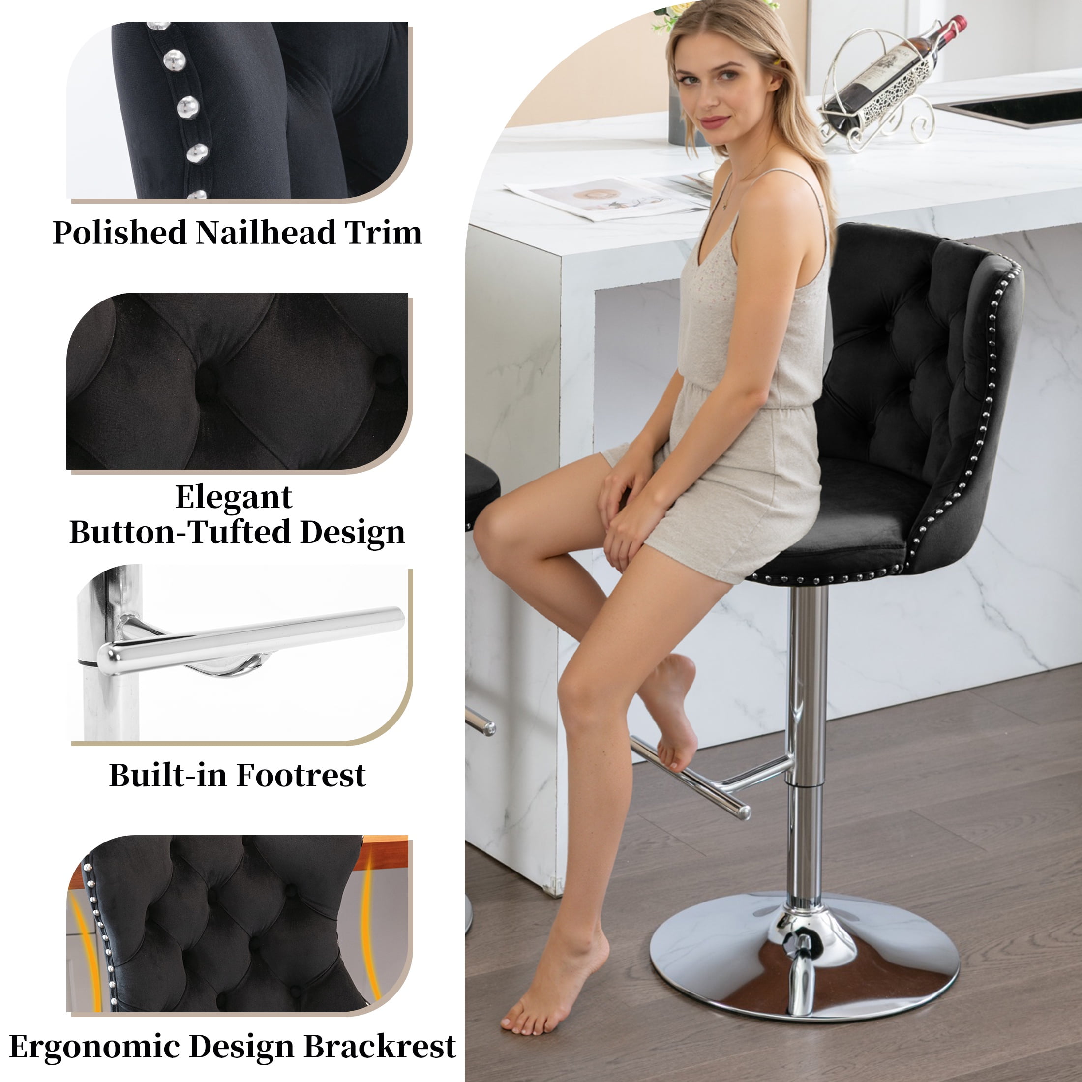 PAPROOS Bar Stools Set of 4, 360°Velvet Swivel Barstools with Backs, Chrome Base, Adjustable Seat Height from 25-33 inch, Counter Height Bar Chairs for Kitchen Island, Home Bar, Black