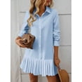 thumbnail image 5 of Baby Blue Womens Solid Pleated Shirt Dress With Collar, Front Button Closure, And Long Sleeves, 5 of 5