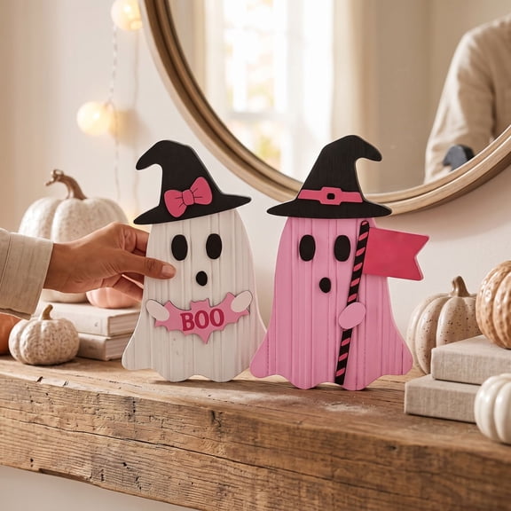(2PCS)2026 New Funny Wood Ghost Tabletop Centerpieces,Pink Halloween Table Decor,Wooden Pink Ghost Halloween Signs Spooky Halloween Ghost Decorations for Home Office Room Girl Kids Gifts