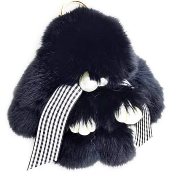 Tian Qi Soft Bunny Keychain Artificial Rabbit Fur Plush Fluffy Pom pom Keychain With Pearl Bow Tie for Women Black Black Black