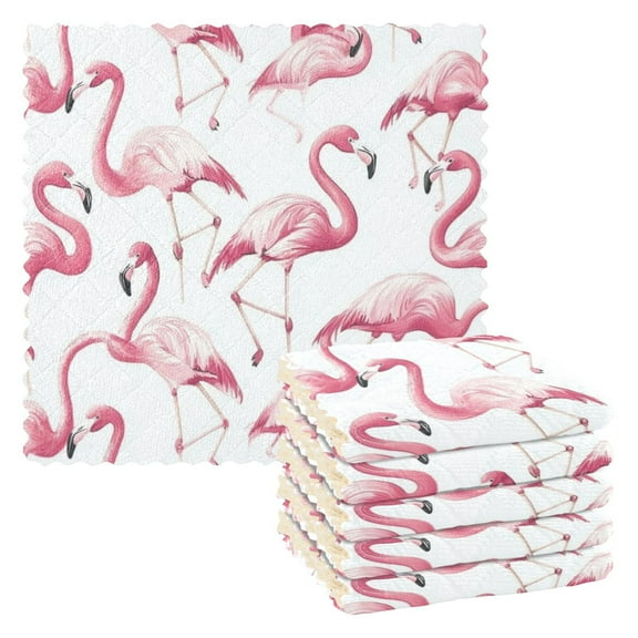 6 Pack Kitchen Dish Towels, 11 Inch x 11 Inch Reusable Cleaning Cloths for Washing Dishes Dish Cloths for Drying Dishes Pink Flamingos Pattern