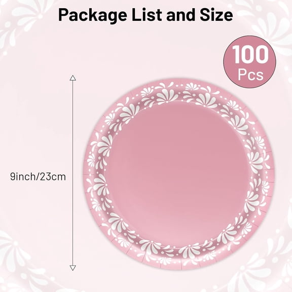 FGTHBF-100Pcs Cielito Lindo Plates, 9 Inch Mexican Paper Plates for Cielito Lindo Party Supplies Cinco De Mayo Wedding Birthday Party Decorations (Pink)