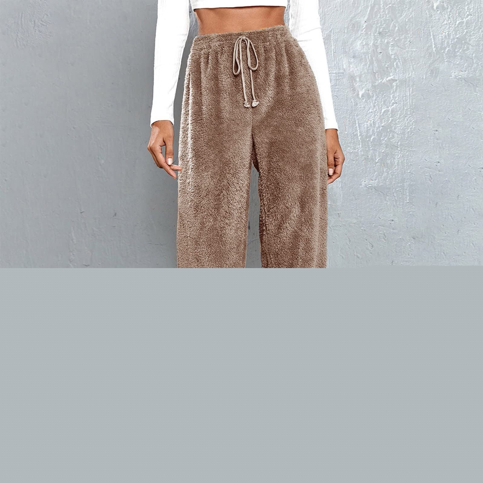 thumbnail image 2 of Women's Faux Lamb Fleece Sweatpants Elastic Waist Drawstring Solid Cuffed Loungewear Joggers with Pockets Coffee 2XL, 2 of 5
