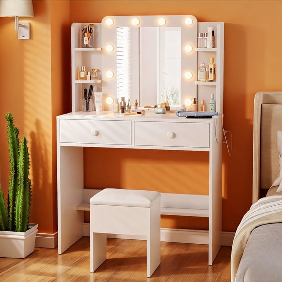 Haewon Vanity Desk with Mirror and LED Light, Power Outlets, Makeup Vanity with Large Capacity Drawers and Cushioned Storage Stool for Bedroom and Corner Space