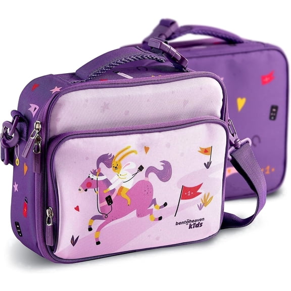 Bentoheaven Insulated Lunch Bag for Kids, Girls & Boys - Large Size Fits Bento Lunch Box, Water Bottle & Snacks - Easy to Clean, Leakproof - Adjustable Shoulder Strap, Zipper Pockets (Purple)